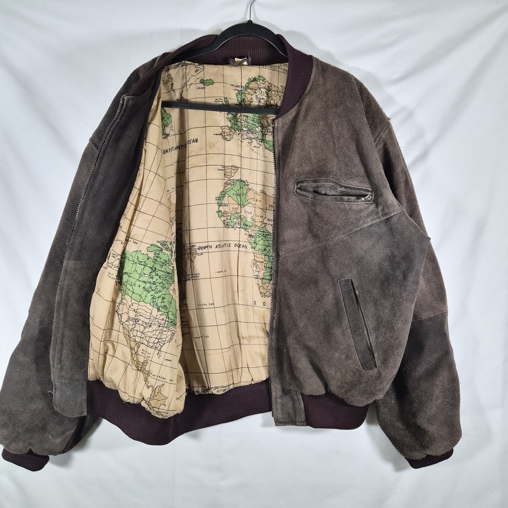 Vintage Real Leather Bomber Jacket Mens M/L Brown Map Lined Distressed Oversized